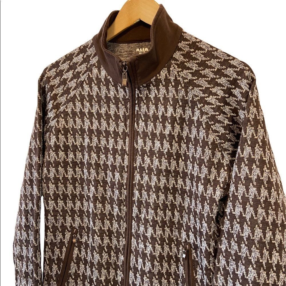 Petite Gingham Metallic Brown Zip Up High Collar Long Sleeve Lounge Sweatshirt - Picture 2 of 8